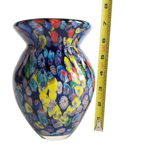 Millefiori Cobalt Blue Art Glass Bouquet Vase 7in Tall Heavy! - Picture 10 of 12